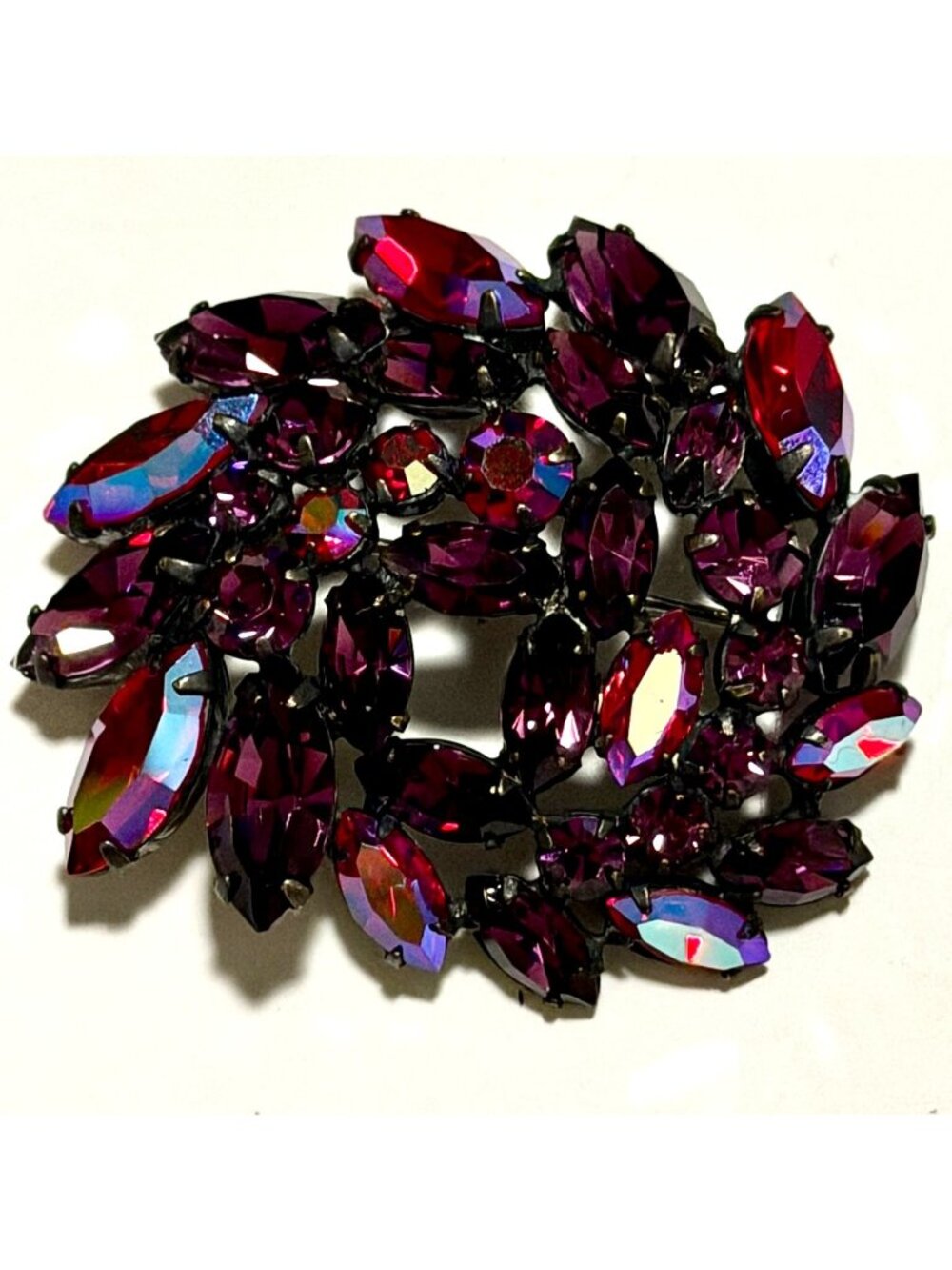 Vintage Regency Purple Aurora Borealis Faceted Glass Stones 2" Brooch Pin c.50s